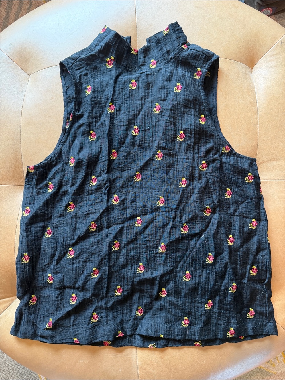 Sundance Black Top with Pink and Gold Floral Embroidery